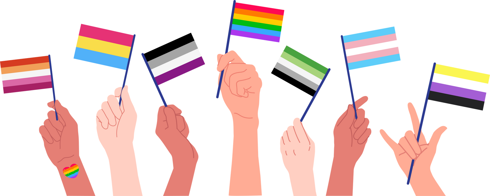 Group of hand holding various pride flags celebration